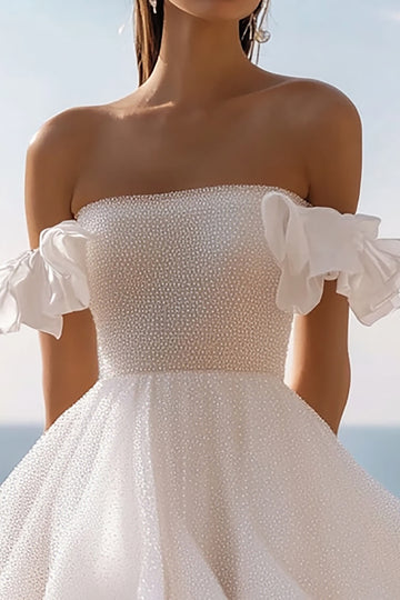 Glitter White Off The Shoulder A Line Graduation Dress